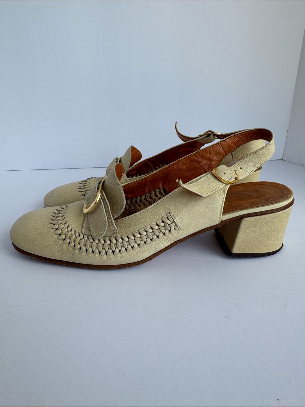 Clarks 70s Italian Leather Slingback Shoes 7.5 Narrow Block Heel Square Woven - Picture 7 of 14
